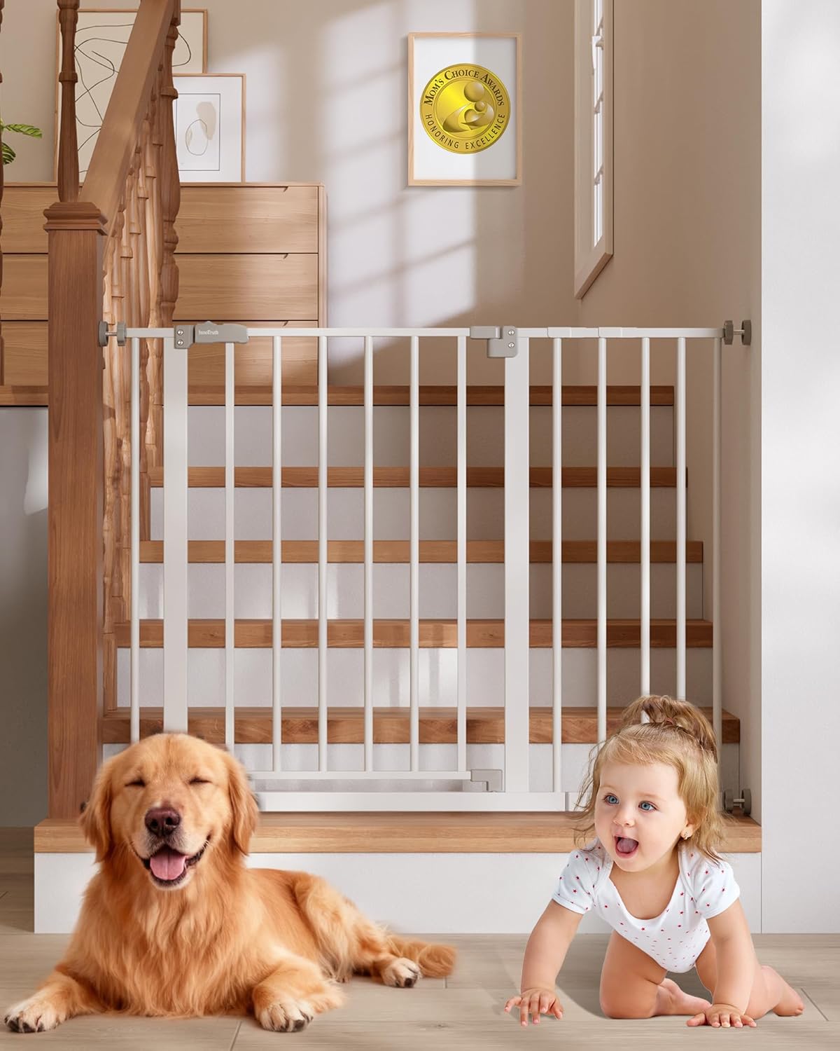 InnoTruth 29.5–40.75 Baby Gate for Stairs, 30 Tall Dog Gates for Doorways & Hallways, Safety Gate for Kids & Pets, Pressure-Mounted Walk-Through with Dual Lock & 2-Way Swing, White